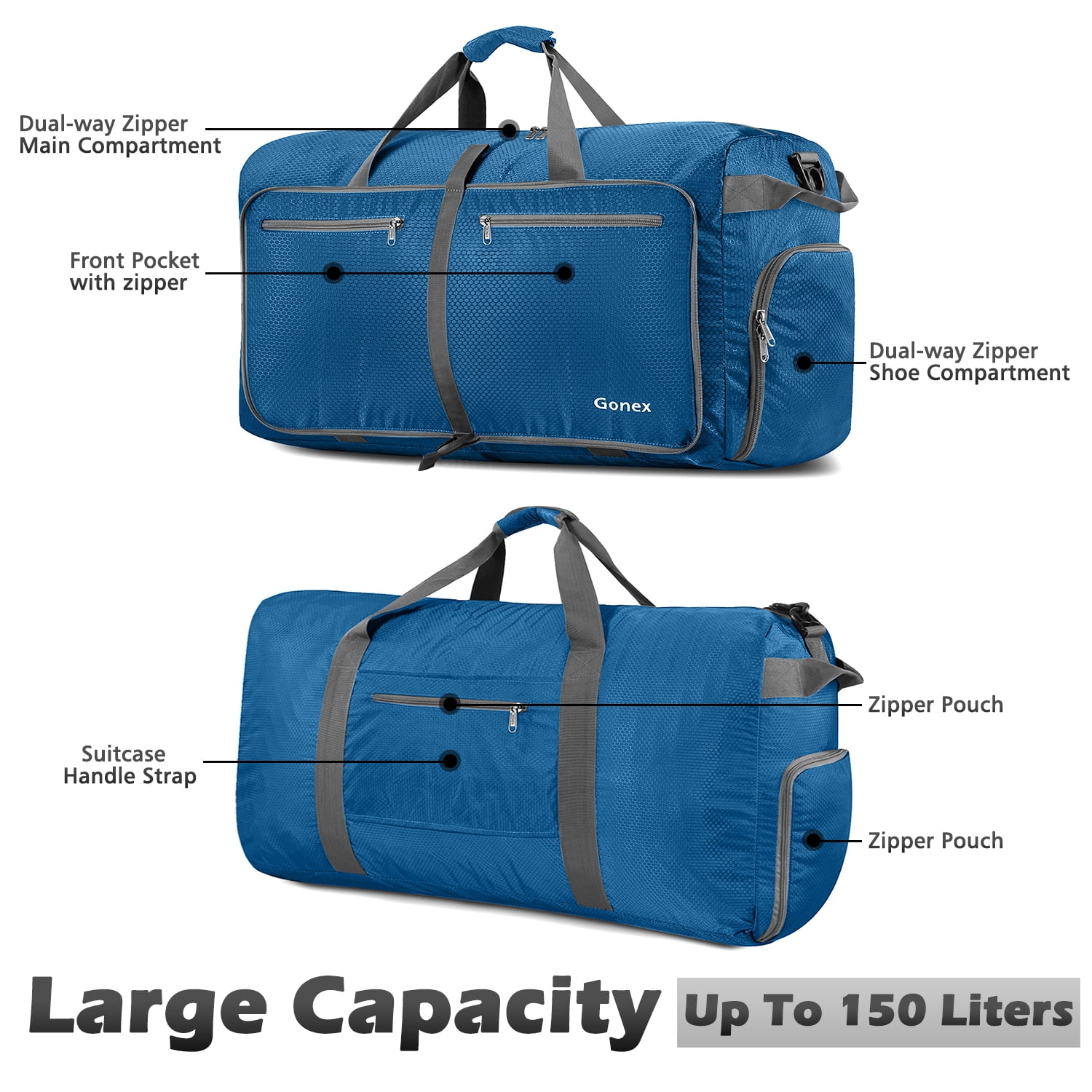 Gonex 150L Travel Duffle Bags 35" Large Foldable Weekender Bag Waterproof Overnight Bag with Shoes Compartment for Camping
