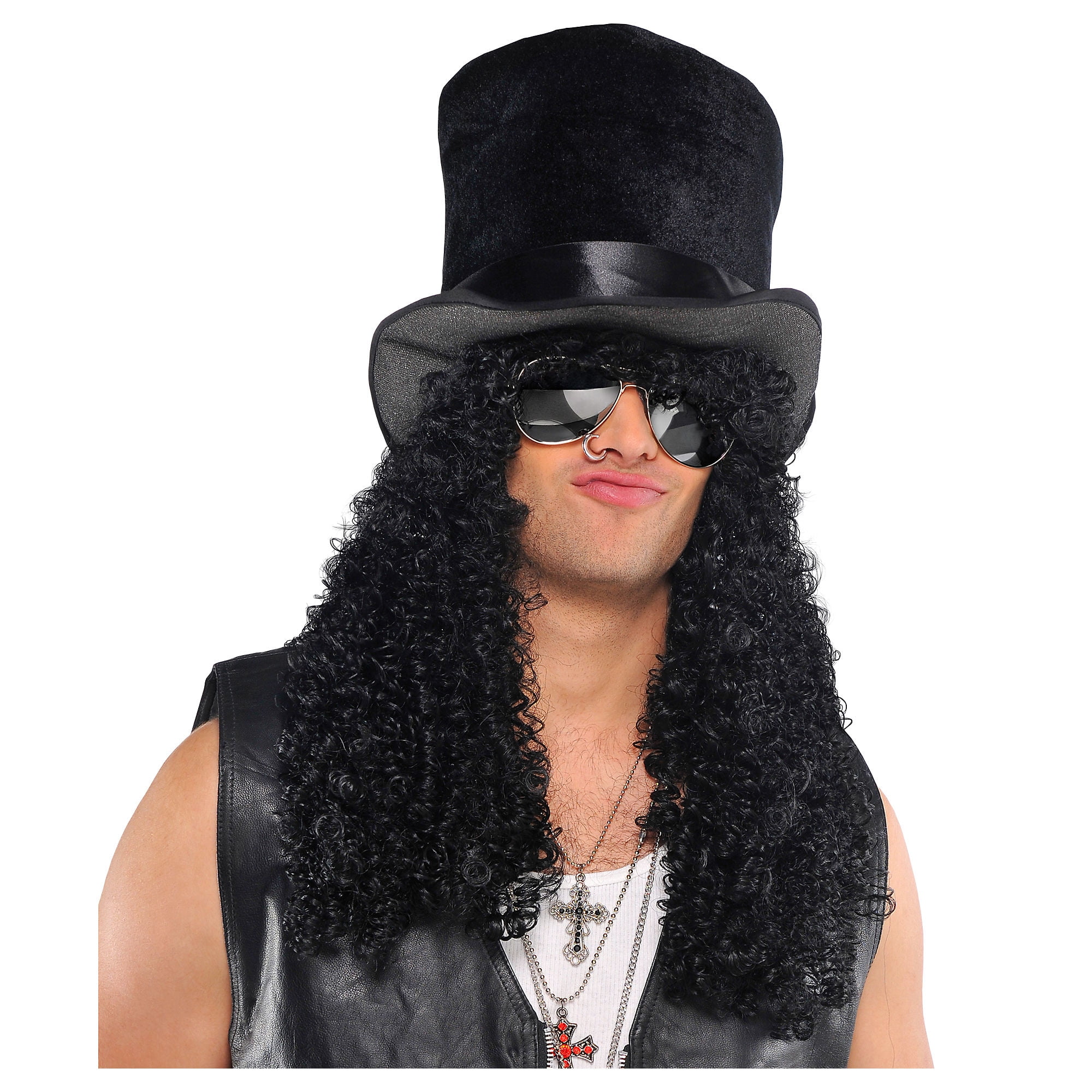 Mens Slash Guns N Roses Rocker Fancy Dress Top Hat & Wig Accessory 