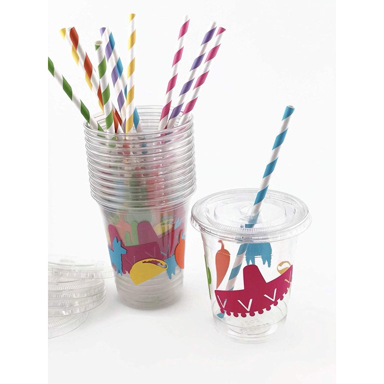 Palm Tree Yard Cup - 17 oz. (Box of 54 Cups) - Clear Cup with Yellow Palm Lids and Straws