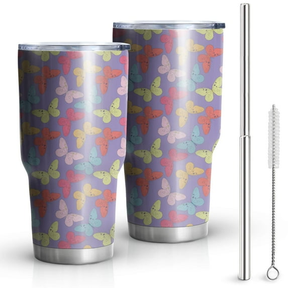 Butterfly Tumbler with Lid and Straw- Butterfly Gifts for Women - Purple Butterflies Cup, Skinny Tumbler, Water Bottle, Coffee Mug - Metal Thermal Insulated Tumblers 30 Oz - Butterfly Decor, Stuff