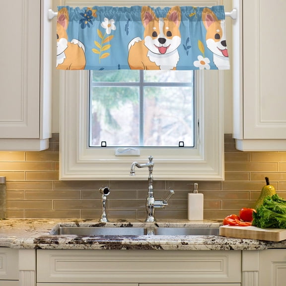 Dogs Cartoon Leaves in Blue Curtain Valances Farmhouse Design Window Treatment Decor Blackout Rod Pocket for Windows Living Room Kitchen 54" x 18"