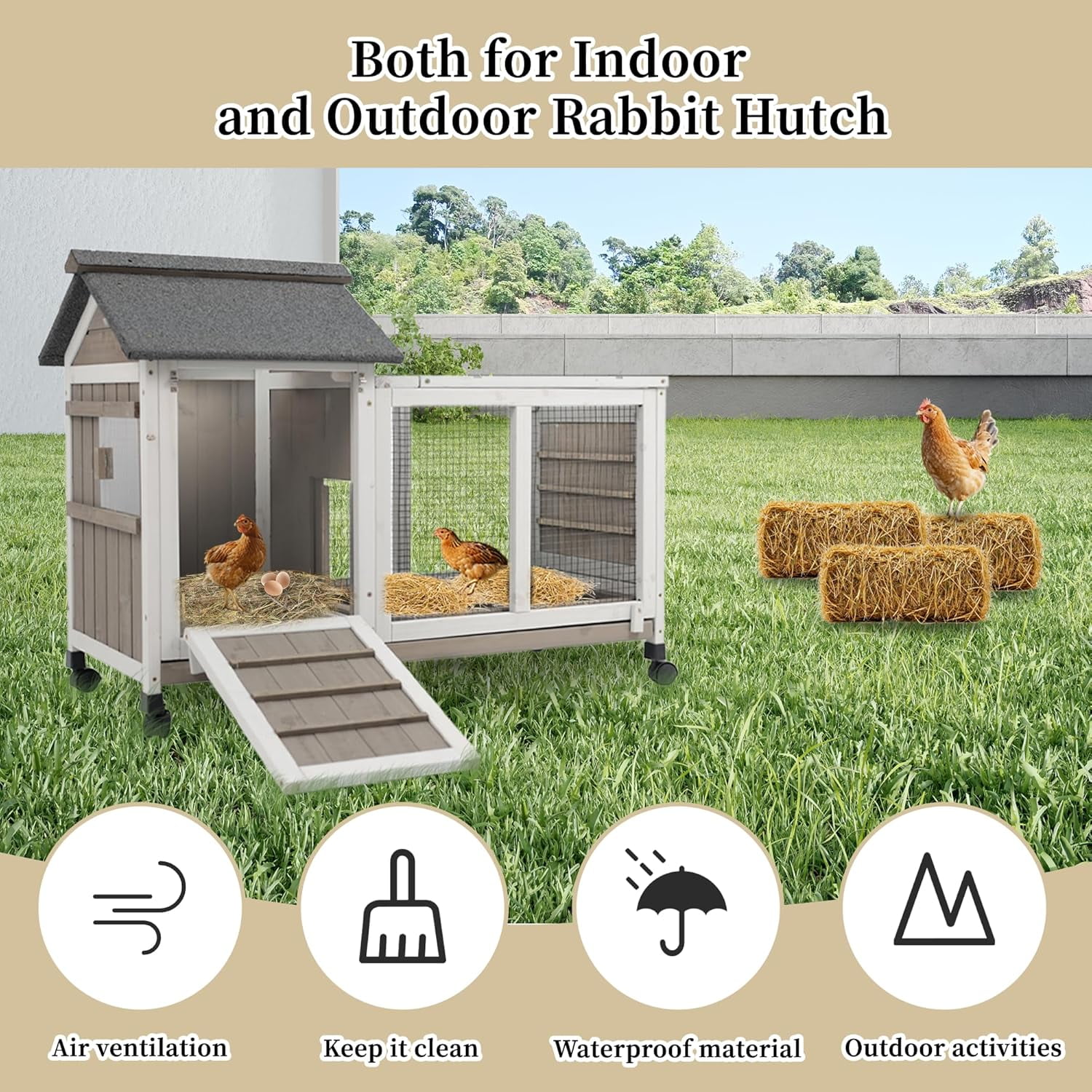 Petscosset Rabbit Hutch Indoor - Rabbit Cage Indoor Rabbit Hutch Two Story Bunny Cage Fir Wooden Rabbit Cage On Wheels, Ramp, Two Deep No Leak Indoor Rabbit Hutch with Pull Out Tray