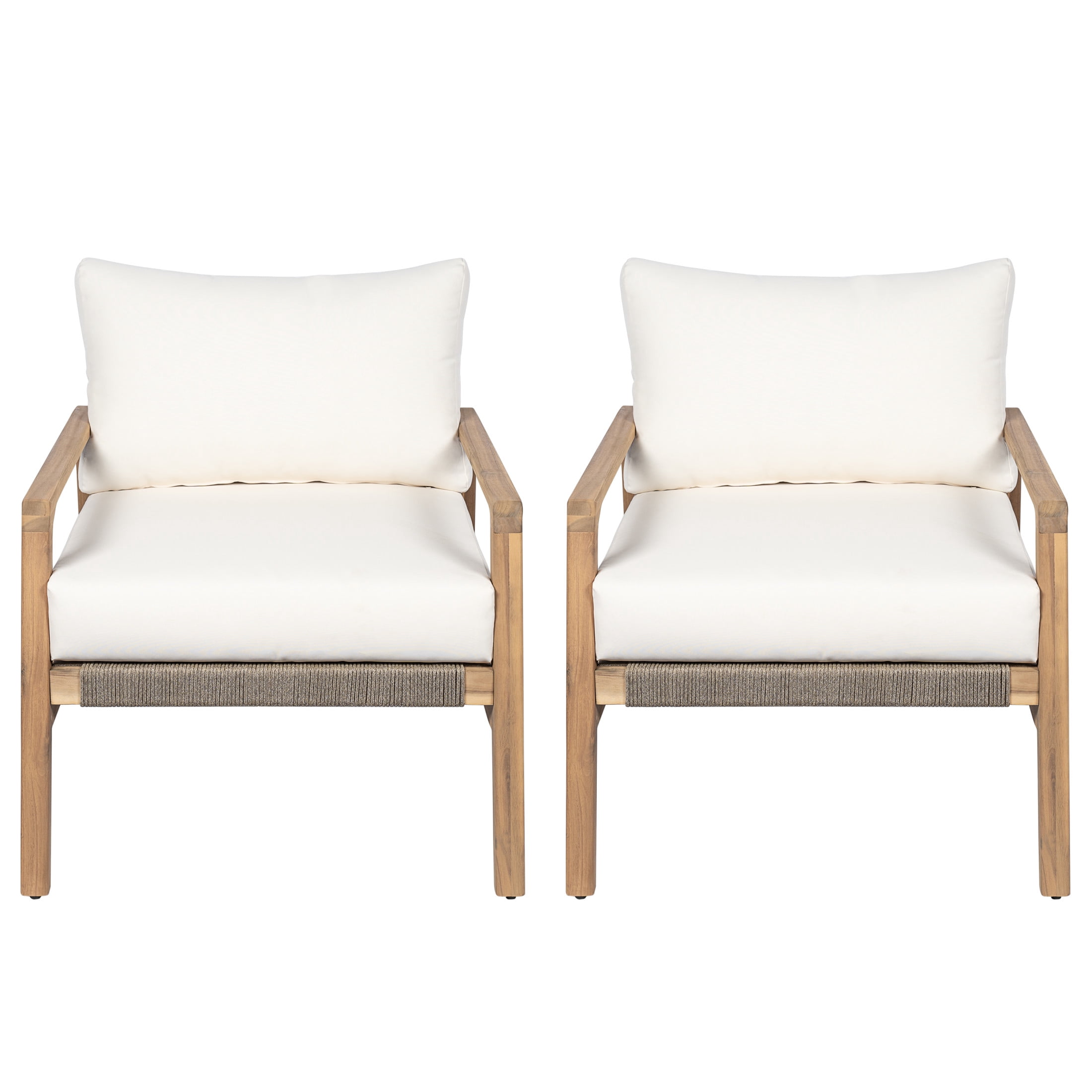 Christopher Knight Home Rustic Outdoor Acacia Wood Club Chair with Curved Rope Back, White Cushion, Set of 2