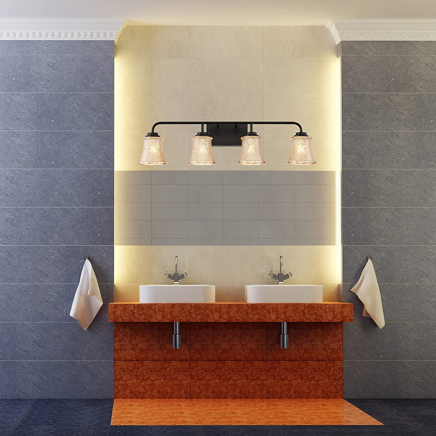 Vanity Art Elegant Cut Crystal Glass 4 Lights Bath Vanity Light for Over Mirror Hallway Living Room | Modern Wall Lighting with Clear Glass Shade Bathroom Light Fixtures W5004BK-B02