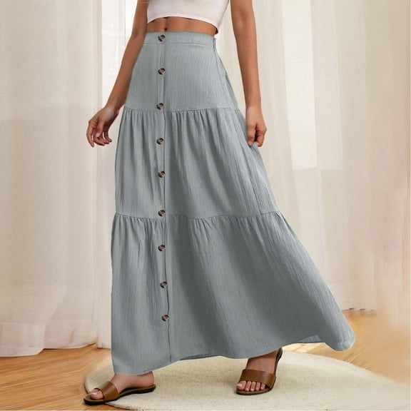 Kilaqueen Long Flowy Skirts for Women Elastic Waist Summer Skirt Maxi Boho Beach Skirt Ruffle Pleated Tiered A Line Skirt Casual Button Front Skirt
