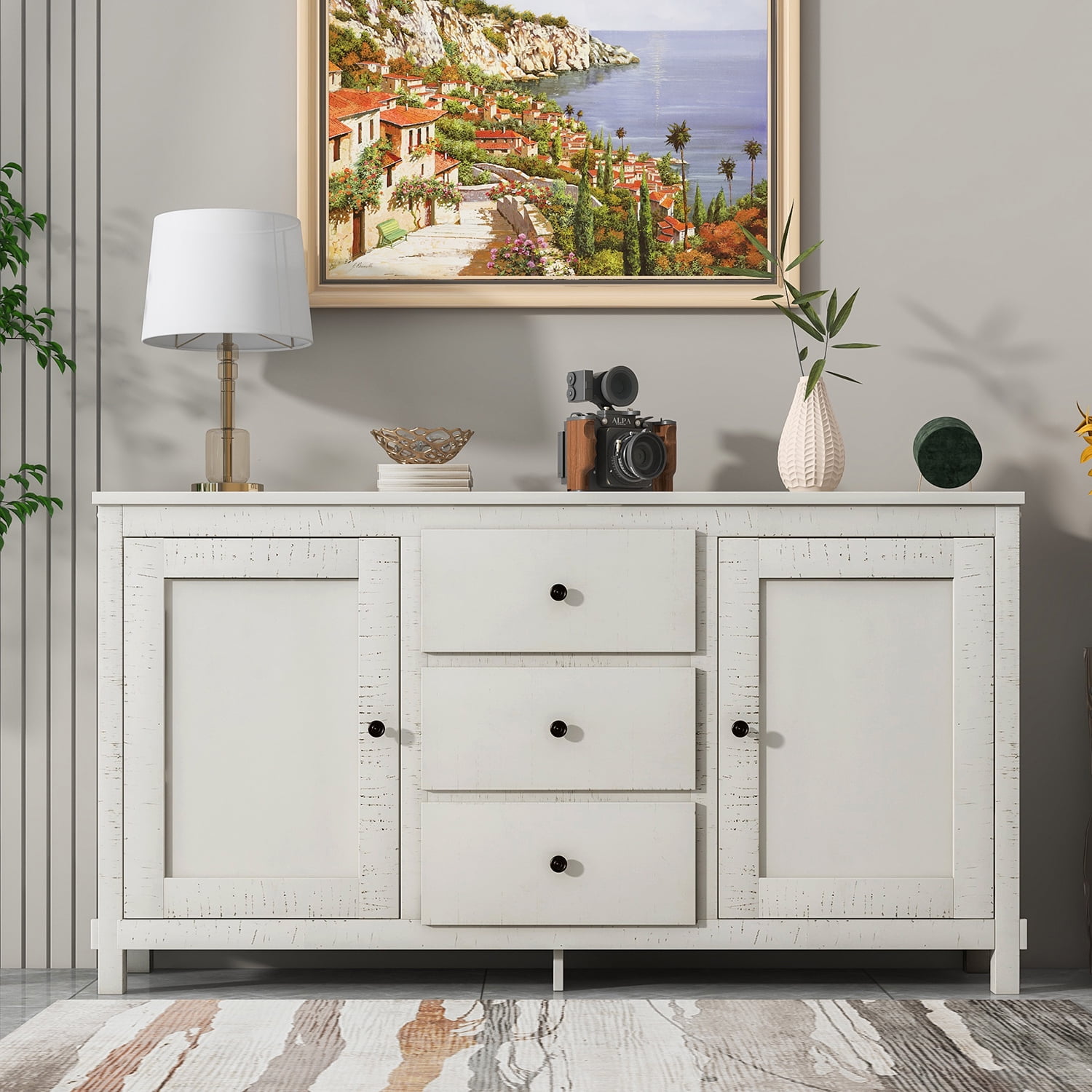 Kadyn Kitchen Storage Cabinet, Modern Solid Wood Buffet Cabinet with 2 Storage Cabinets and 3 Drawers, Wide Accent Cabinet for Living Room, Antique White Kadyn Kitchen Storage Cabinet, Modern Solid Wood Buffet Cabinet with 2 Storage Cabinets and 3 Drawers, Wide Accent Cabinet for Living Room, Antique White
