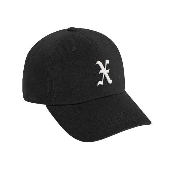 Daxton Low Profile Adjustable Baseball Dad Hat Cap Old English Font Alphabet A to Z, Black Hat White X