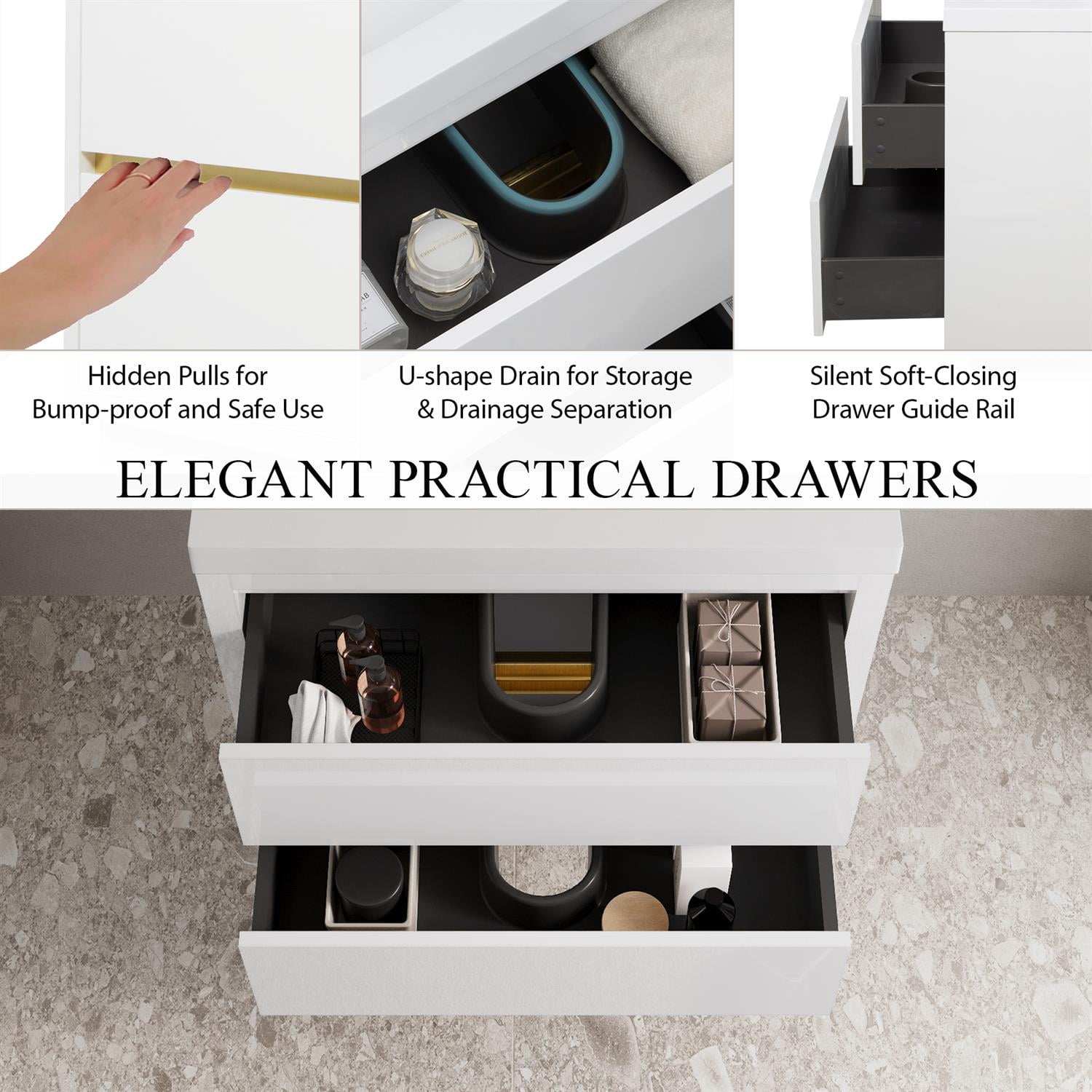 Demi Bonn 29" Wall-Mounted Bathroom Vanity with Sink, Stone Resin Countertop and 2 Soft Close Drawers, Faucets and Drains Not Included, White