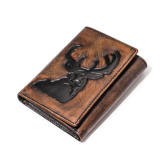 TAZAG men's leather tri-fold wallet, first-layer cowhide deer head wallet, multi-card slot RFID card holder