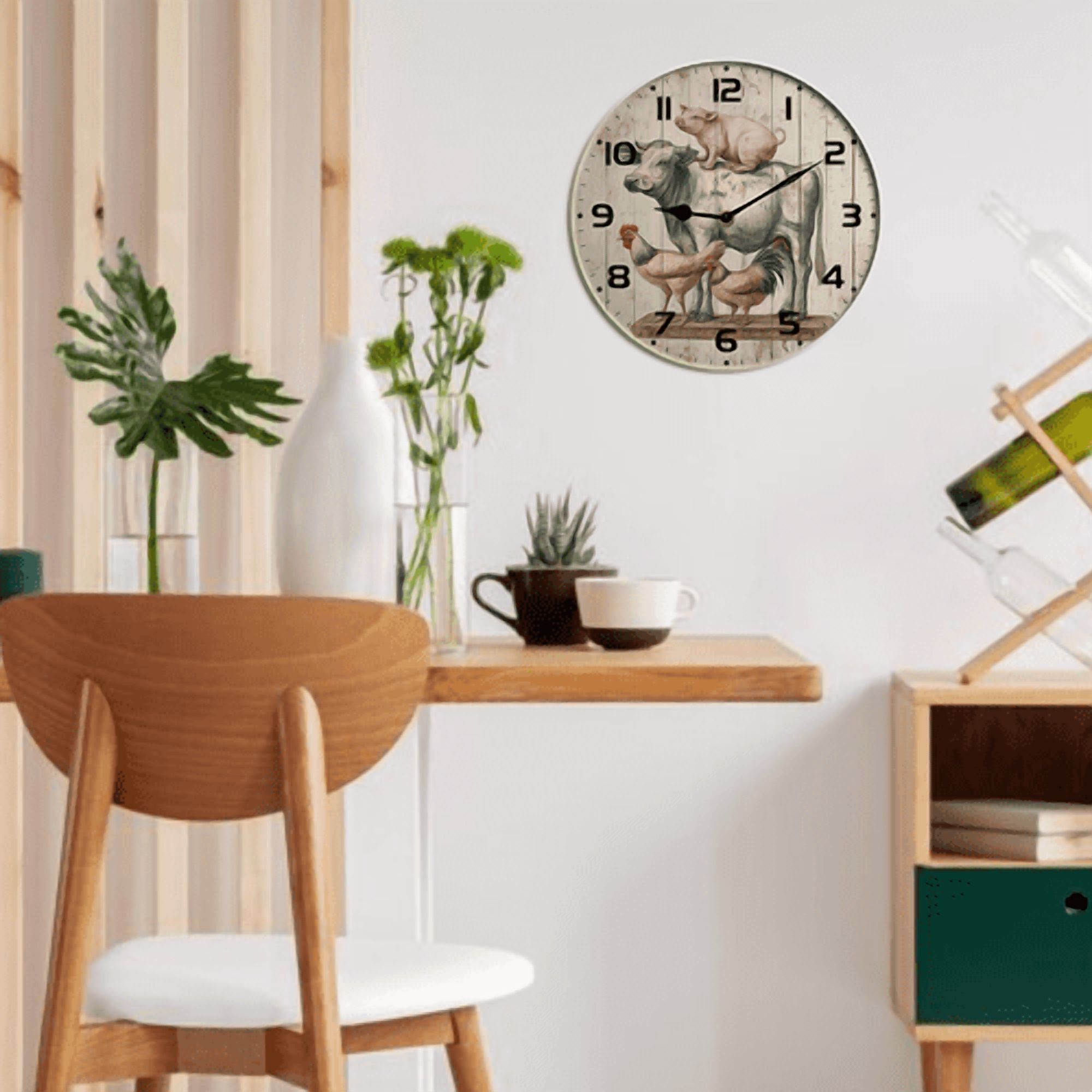 Kurmntregon Farm Animal Cow Pig And Chicken Wall Clock Wooden Silent Non Ticking Battery Operated Rustic Farmhouse Kitchen Clocks Decorative For Living Room Bedroom Office Round 10"