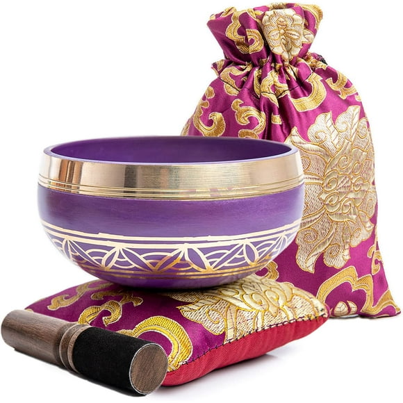 Tibetan Singing Bowl Set - Easy To Play for Beginners - Authentic Handcrafted Mindfulness Meditation Holistic Sound 7 Chakra Healing Gift by Himalayan Bazaar (Purple-Magenta)