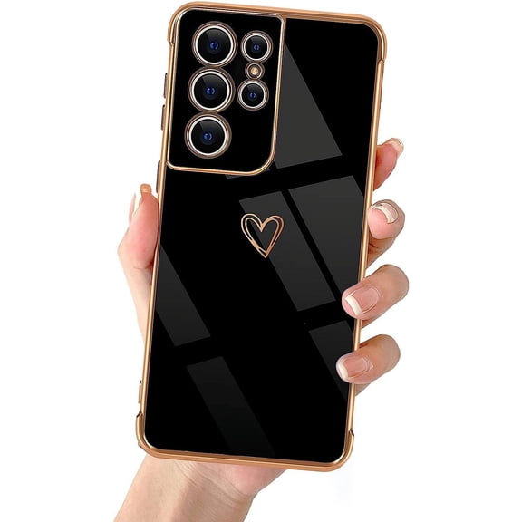 Compatible with Samsung Galaxy S21 Ultra 6.8" 2021 Cute Case Thin for Women Girls,Soft TPU Plating Bumper Love Heart Case Anti-Scratch Shockproof Raised Reinforced Corners Case(Elegant Black)