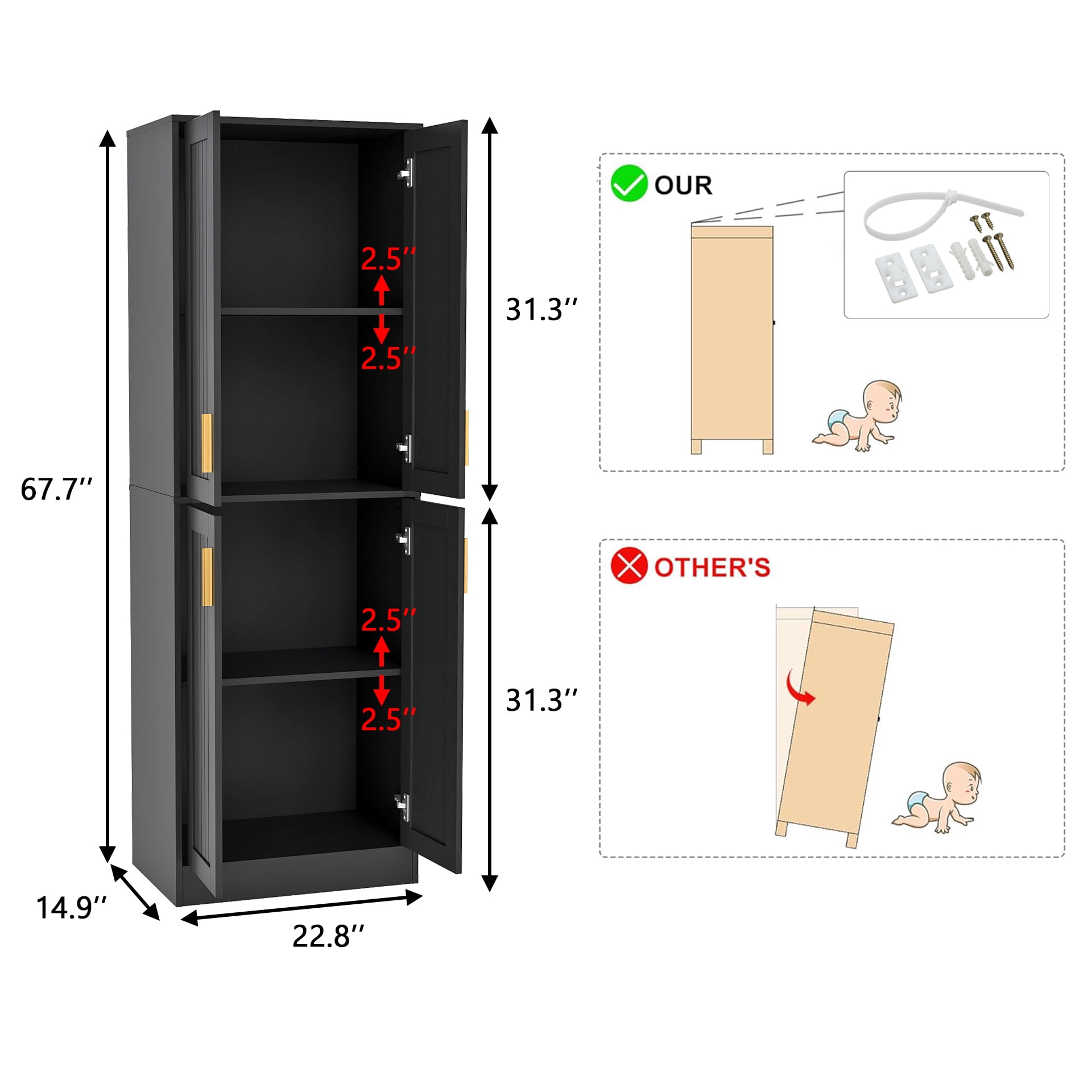 67.7” Tall Modern Storage Cabinet with 2 Adjustable Shelves, Bathroom Cabinet with 4 Doors, Kitchen Cabinets, Cupboard for Kitchen, Living Room