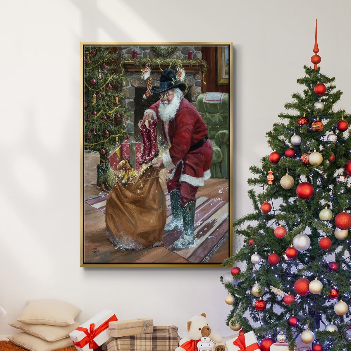 New Boots for Christmas - Framed Gallery Wrapped Holiday Canvas - 25 x 37 - Gold Frame