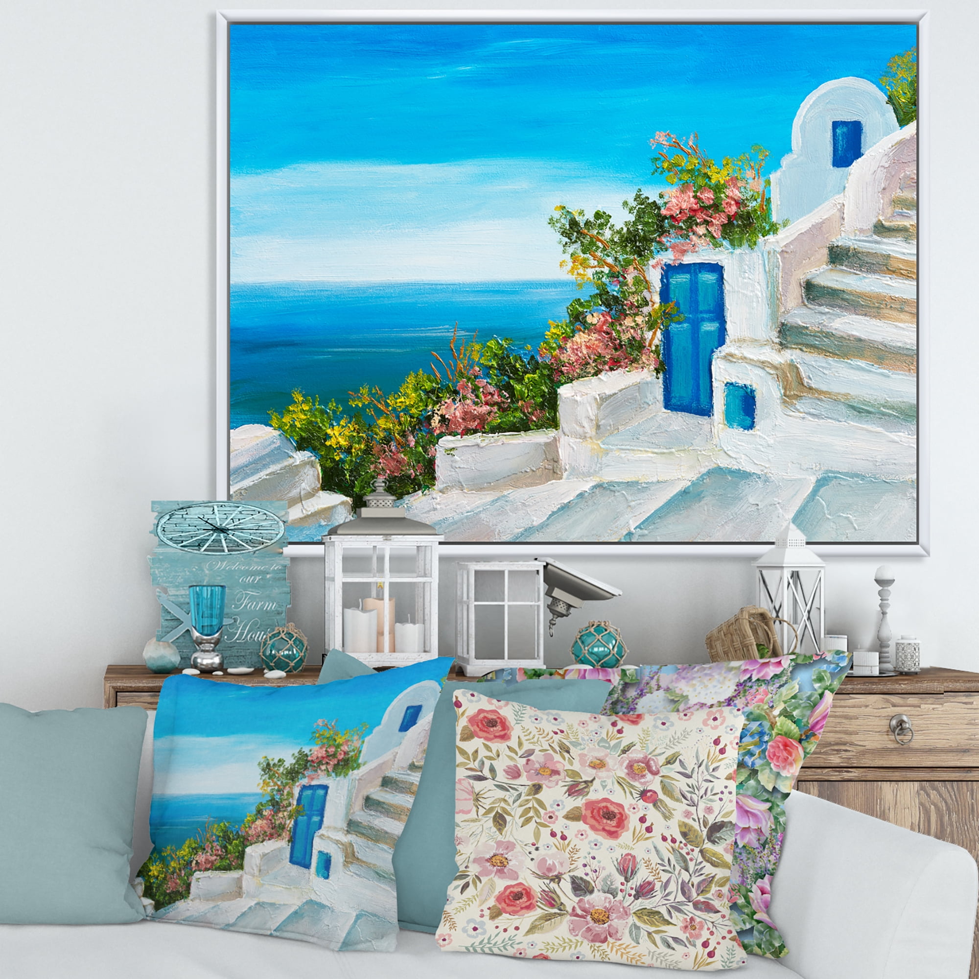 House With Colorful Flowers Near The Sea IV 32 in x 24 in Framed Painting Canvas Art Print, by Designart