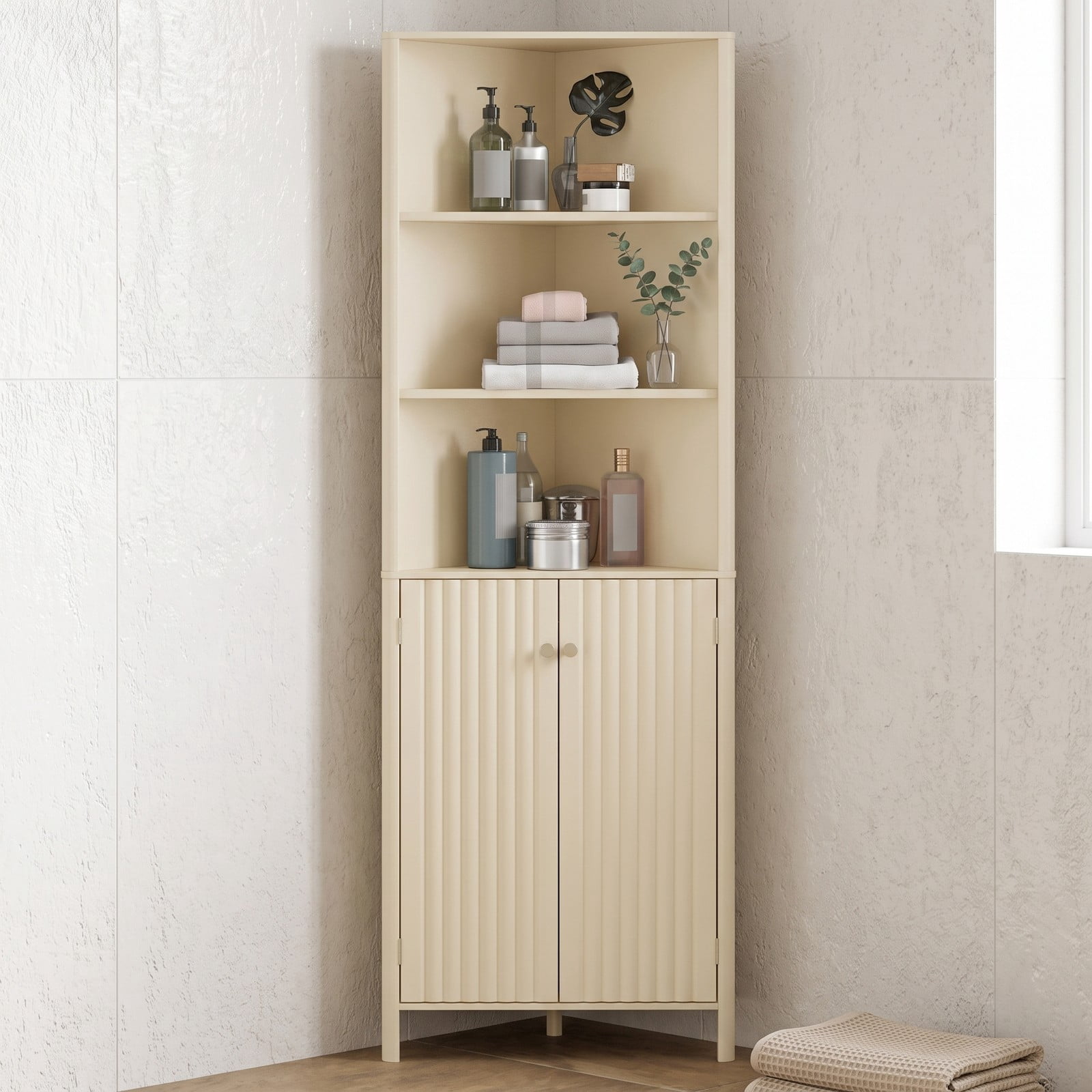 Fenbeli 68 Inch Tall Corner Cabinet, Freestanding Bathroom Storage Cabinet with 5 Shelves, 2 Fluted Doors, Adjustable Shelf and Anti-Tipping Kit for Living Room, Beige