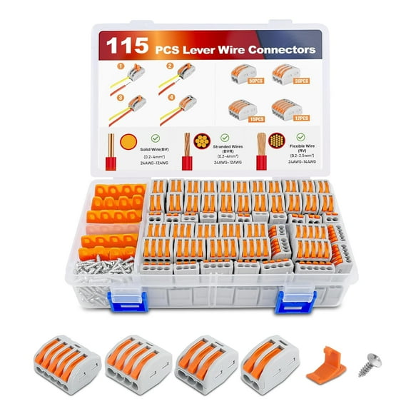 Nilight 115PCS Lever Wire Connectors Nuts Kit 28-12AWG Inline Electrical Terminal 2 3 4 5 Port Assortment Quick Disconnect Push in Wire Connectors for Solid Stranded Wiring Projects