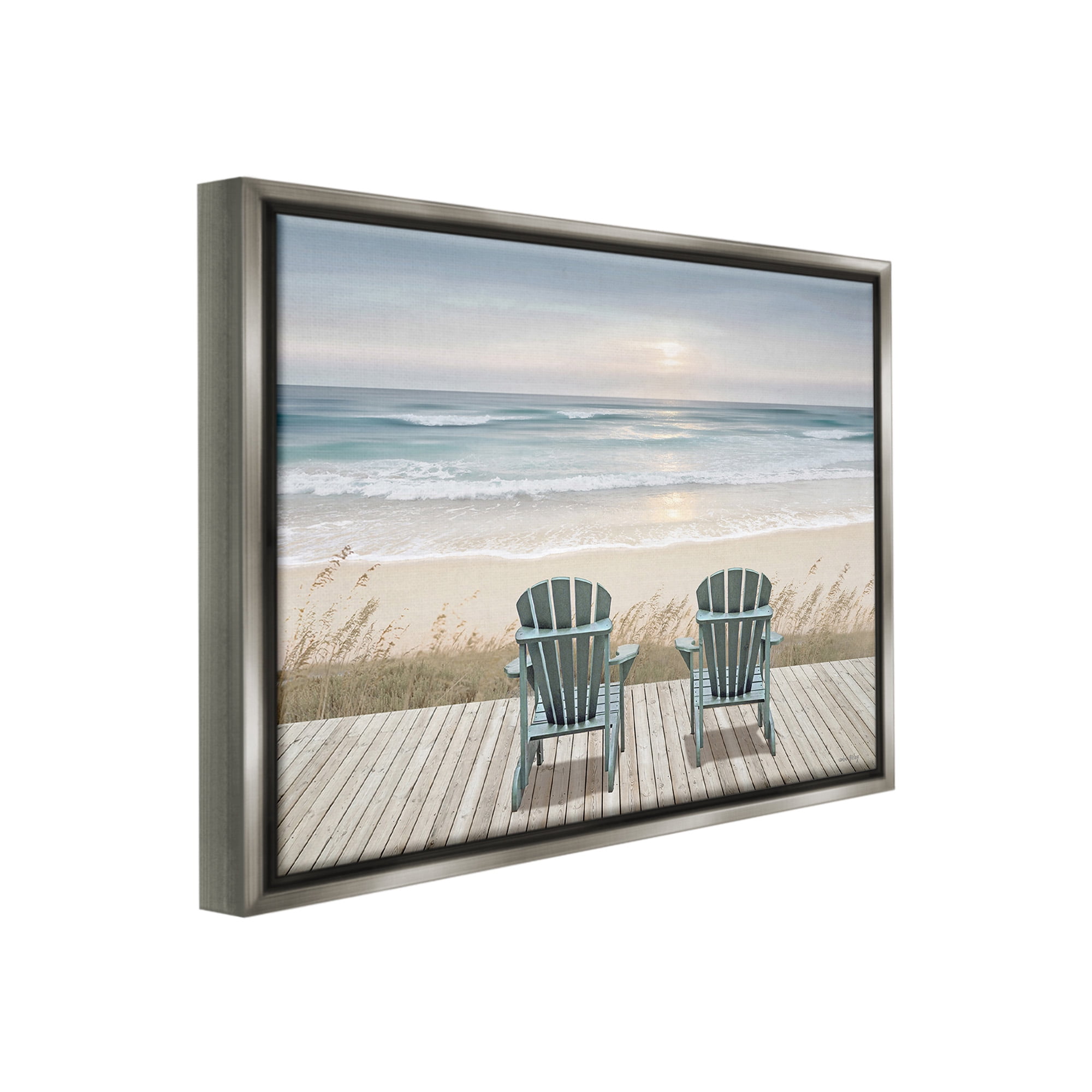 Stupell Industries Chairs with Beach Sunrise Landscape Painting Gray Floater Framed Canvas Art Print Wall Art, 21 x 17