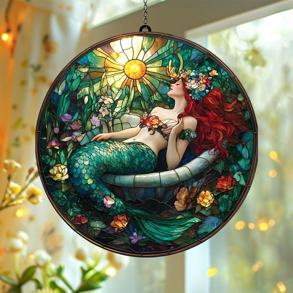 Mermaid On Bathroom GLASS SUNCATCHER Mermaid Lovers Gift Acrylic Window Decor Fairies With Flower Sea Decor Gift For Mom Girl