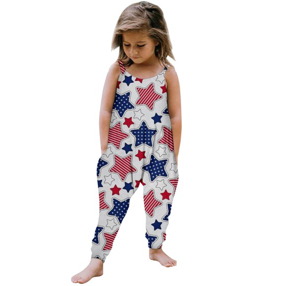 XQYLOS Kids Print 𝖱ompers Overalls Girls Jumpsuit Summer Independence Day Clothing Strapless Personalized Printing Retro Comfortable Casual Jumpsuit