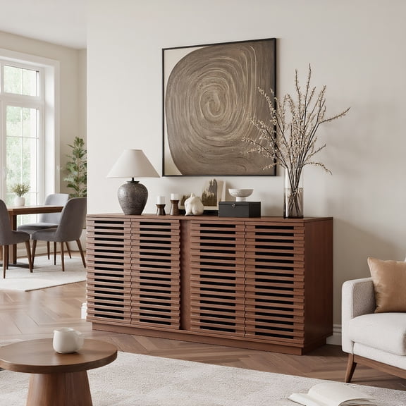 Resenkos Living Room/Dining Room Entertainment Storage Cabinet, Buffet Sideboard with Solid Wood Doors (59.92"W x 15.75"D x 29.53"H) - Brown