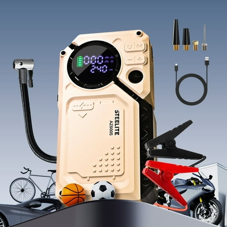 Steelite 6000A Car Battery Jump Starter with Air Compressor 150 PSI,  Powerful Car Jump Starter (All Gas/12L Diesel), 12V Jump Box with USB Quick Charge,7-in-1 Jump Starter Power Bank
