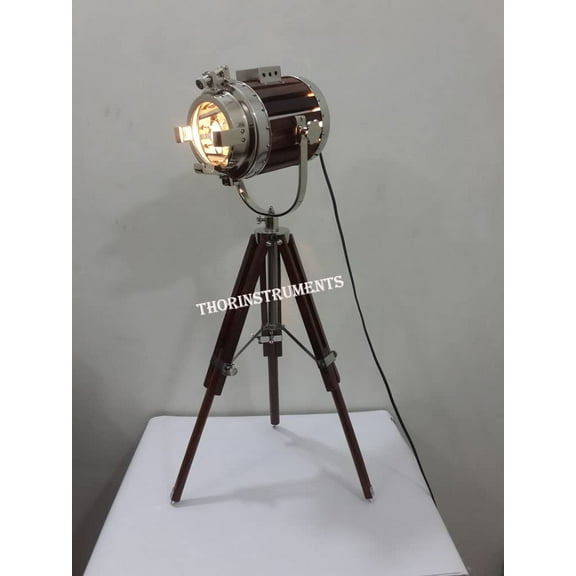 Vintage Nautical Table Searchlight Lamp Wooden Stand Lighting Spotlight