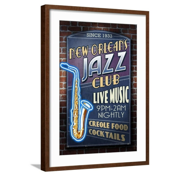 Art.com New Orleans, Louisiana - Jazz Club Art Print by Lantern Press, Brown Frame Wall Art, 21" x 29"