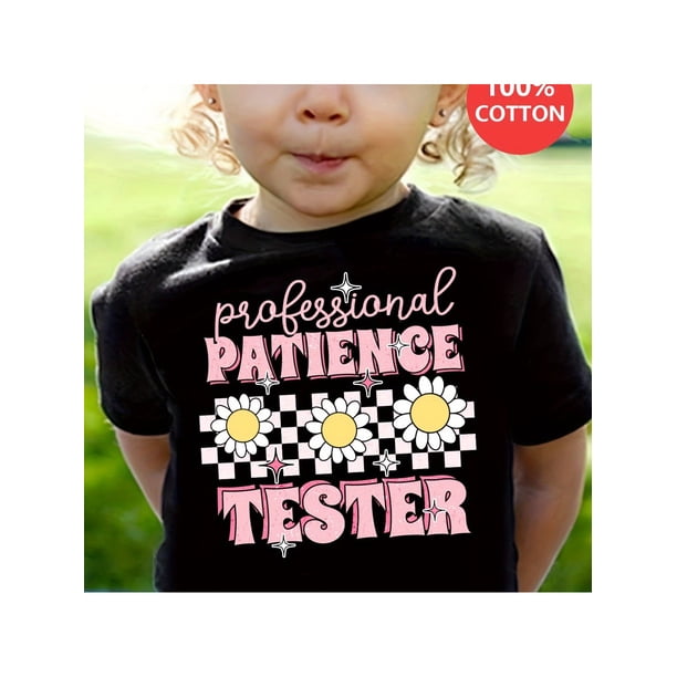 Professional Patience Tester" Girls' Cotton Tee - Soft & Comfy Casual Summer Top with Fun Geometric Pattern, Machine Washable, Black with Pink & White Print, Loose Fit Round Neck T-Shirt for