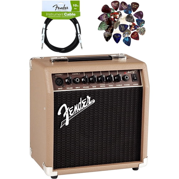 Fender Acoustasonic 15 Acoustic Guitar Amplifier - Brown and Wheat Bundle with Instrument Cable, 24 Picks, and Austin Bazaar Polishing Cloth