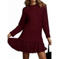 thumbnail image 2 of Robe Chandail en Tricot Torsadé pour Femmes, Col Ras du Cou, Manches Longues, Mini-Robe Plissée, Style Deux-en-un, Robe Patchwork, Rouge Vin, m, 2 of 7