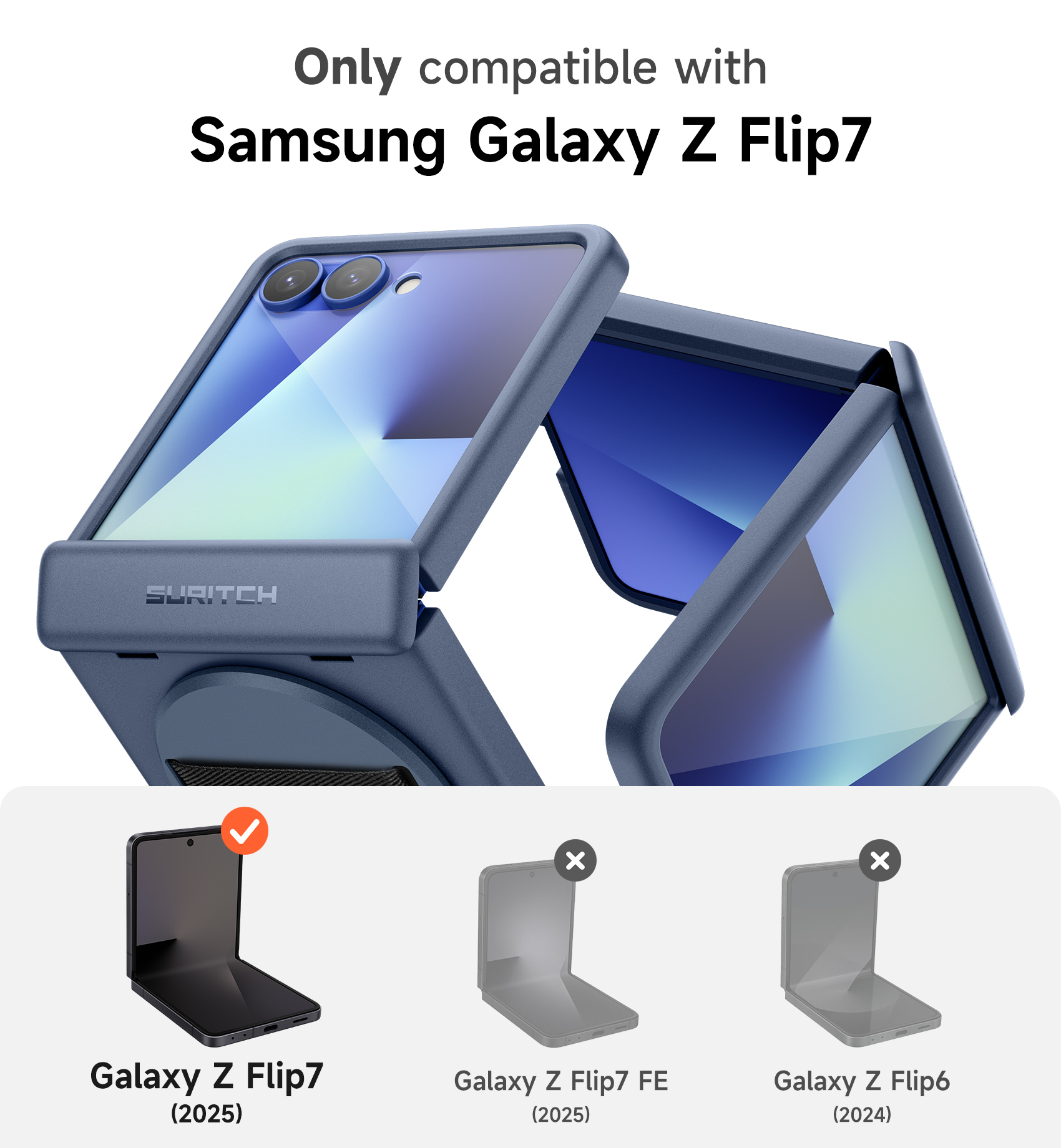 Suritch Phone Case for Samsung Galaxy Z Flip 7 with Rotatable Hand Grip, Kickstand and Screen Protector, Rugged Shockproof Protective Cover, Blue