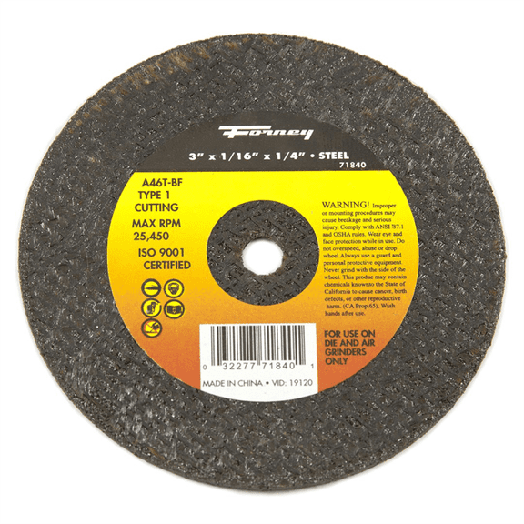 Forney Industries CUT-OFF WHEEL, METAL, TYPE 1 (FLAT), 3 IN X 1/16 IN X 1/4 IN