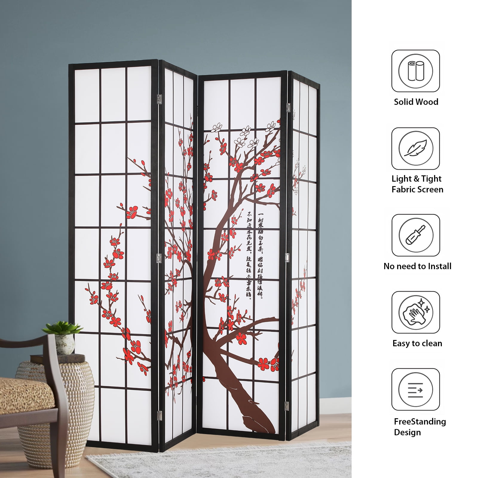 Dkelincs 4 Panel Room Divider Oriental Shoji Screen Wall Divider 71" Portable Folding Privacy Screen, White