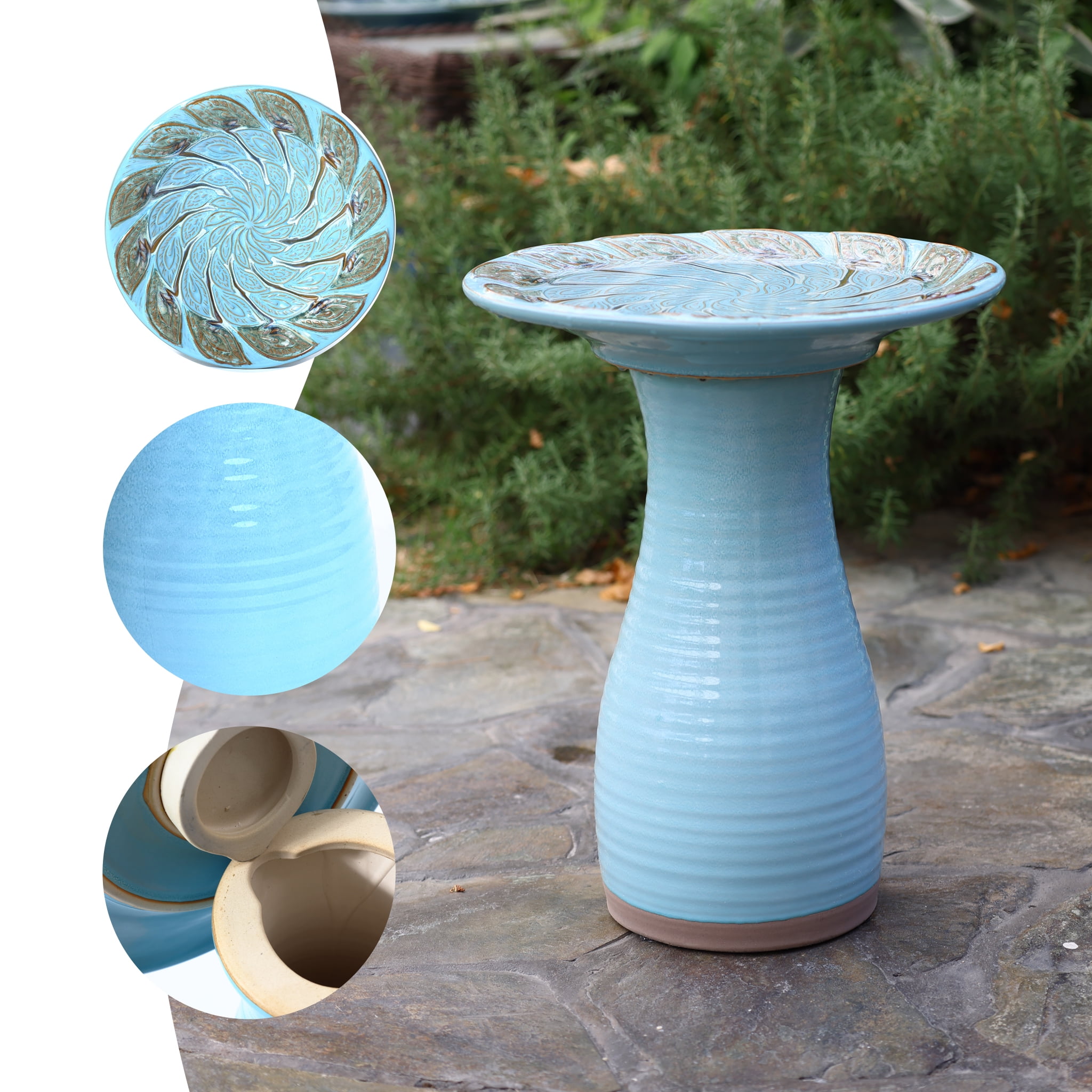 LuxenHome 20 Inch Ceramic BirdBath for Outside, Elegant Tall Outdoor Bird Bath with Leaf Pattern