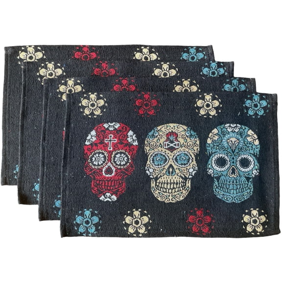 Set of 4, Halloween - Day of The Dead - Dia de Los Muertos Tapestry Placemats Dining Table, Table mat for Dining Room Easy to Clean, Machine Washable Size: 13” x 19”.