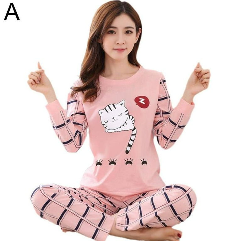 Ladies Womens Pyjamas Set Long Sleeve Top Nightwear Pajamas W8I3