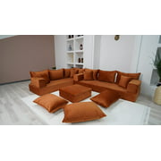 8" Thickness Amber Color L Shaped Floor Sofas, Futon Sofa Bed, Corner Sectional Sofa, Pallet Sofa, Arabic Seating Couch, Luxury Velvet Floor Seating (L Sofa + Ottoman + Pillows)