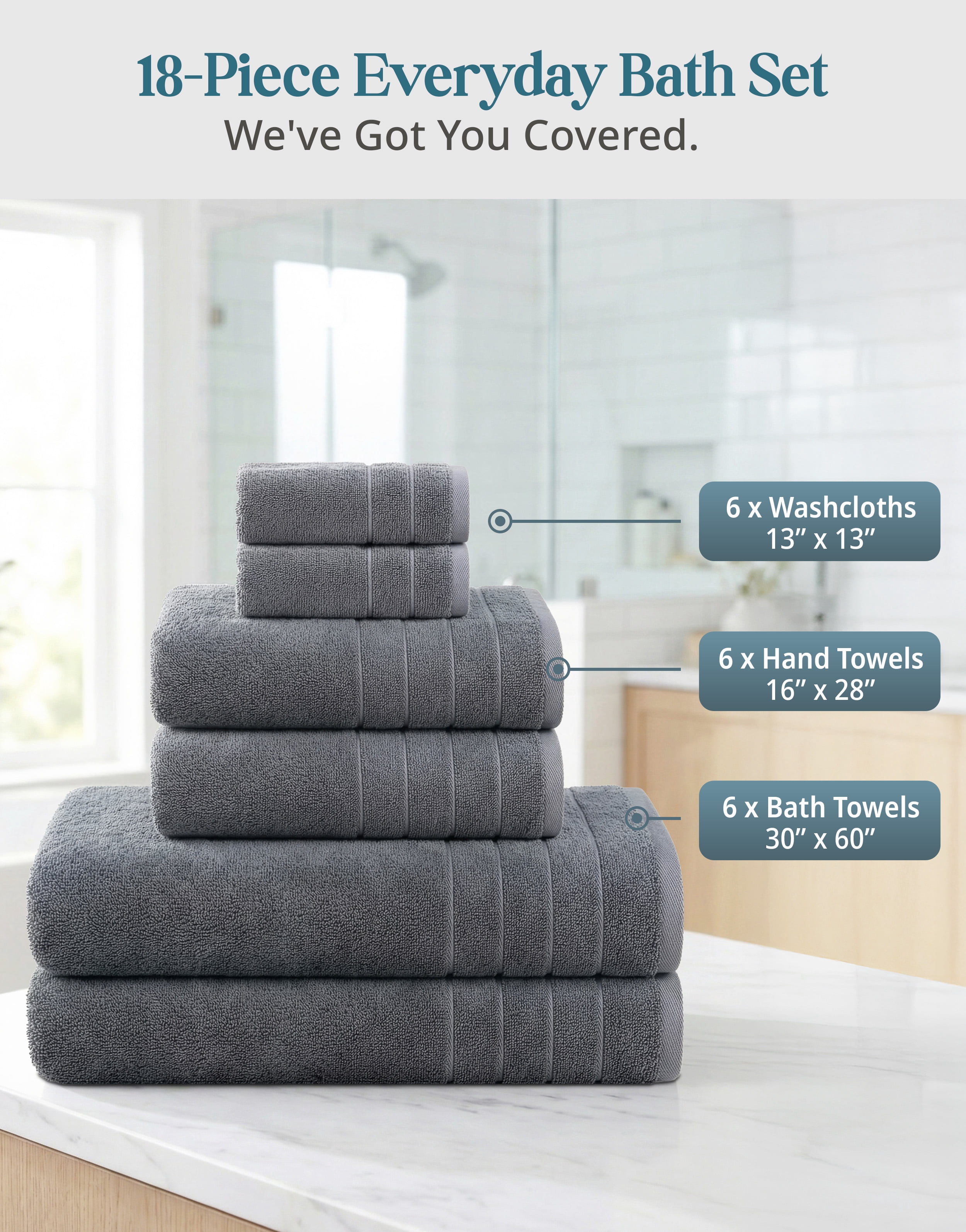 Casa Platino 18 Piece Bath Towels Set - 6 Large Bath Towels, 6 Hand Towels & 6 Washcloths - Soft Absorbent Cotton Towels for Bathroom - Cool Grey