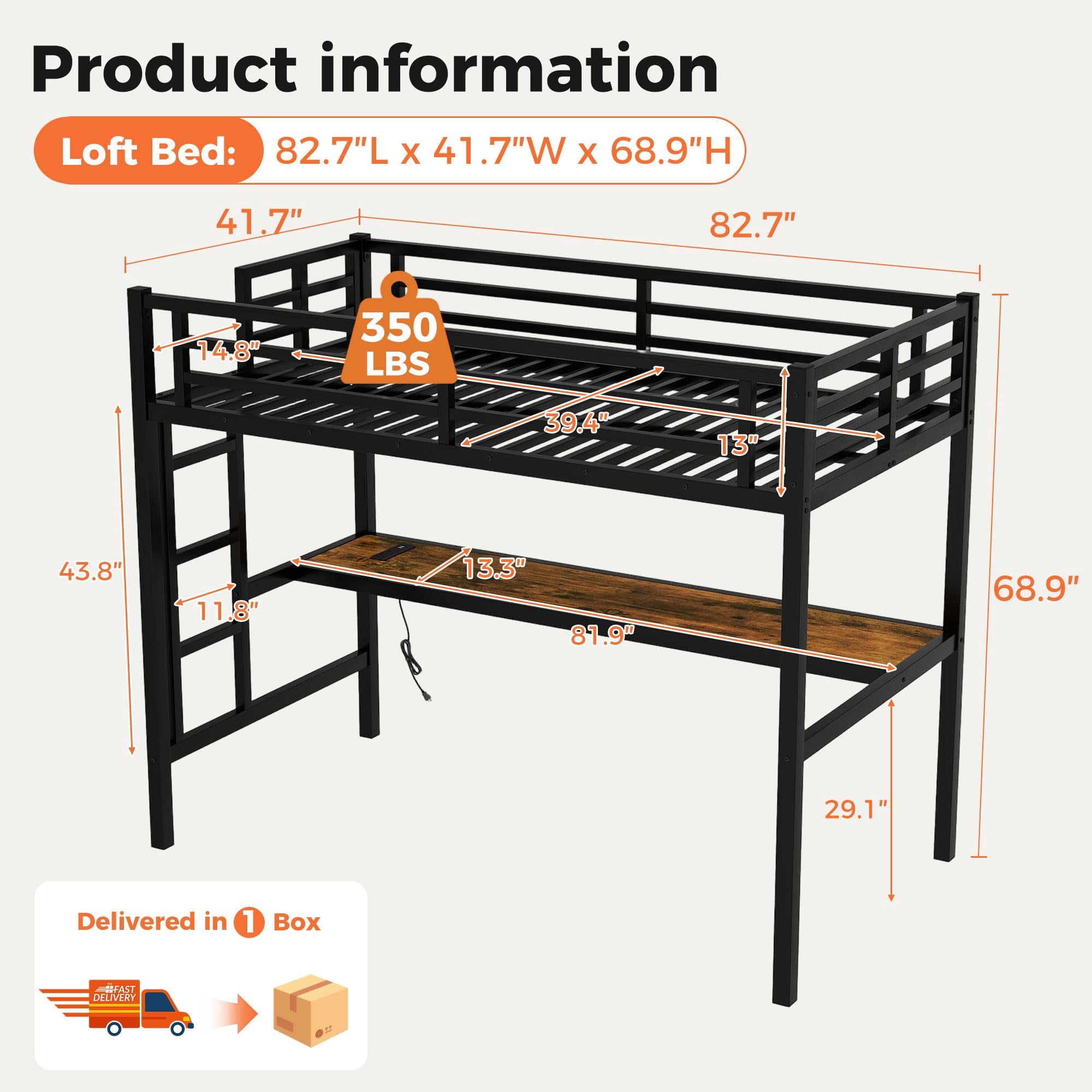Miniyam Twin XL Metal Loft Bed Frame with Desk & Charge Station, Black