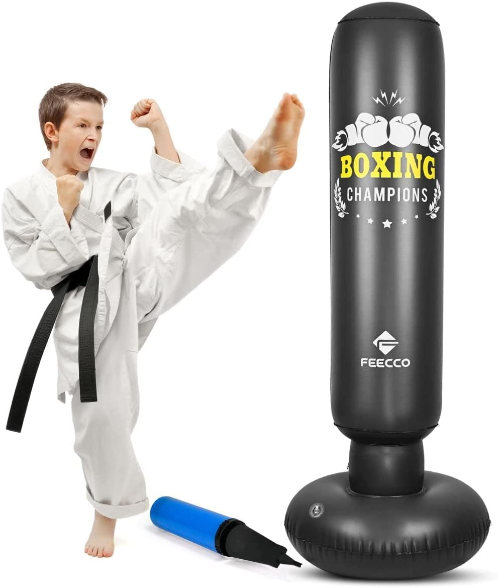 Muay Thai Kickboxing & Boxing MMA Karate Black Taekwondo Freestanding Kids Boxing Heavy Bag Set MMA Freestanding Punching Bags with Stand Bounce Back for Martial Arts