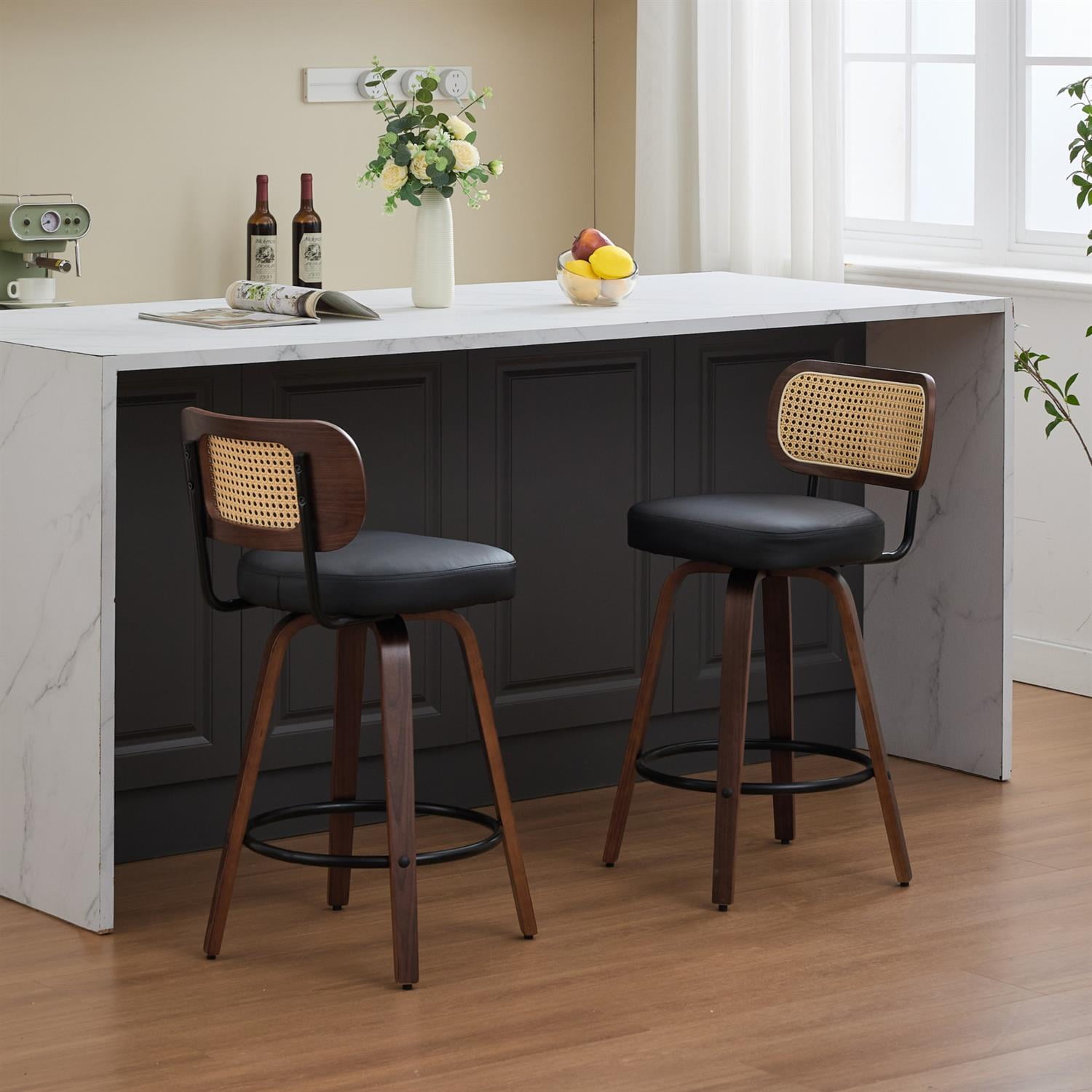 Demi Bonn 35" Swivel Bar Stools Set of 2 with Upholstered Faux Leather, Rattan Back & Bentwood Legs, Counter Height Stools for Kitchen or Bar Seating, Black