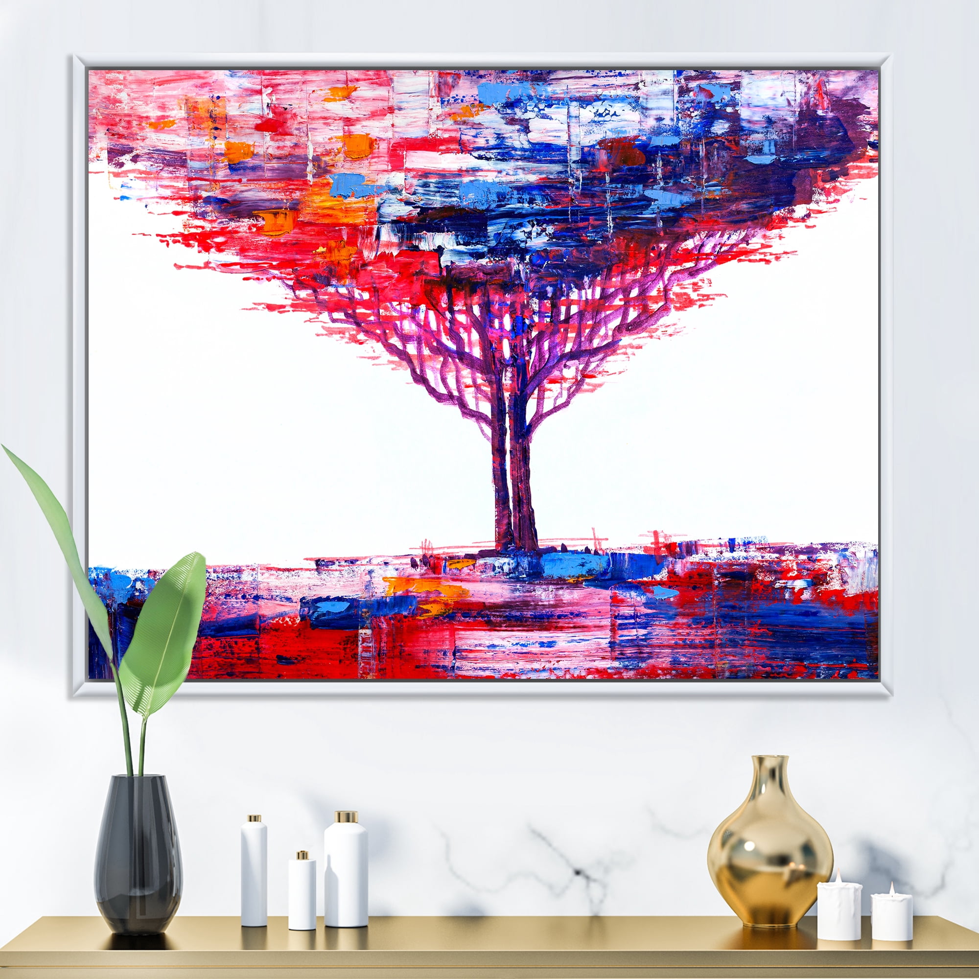 Designart 'Abstract Colorful Tree Impressionist On A White' Modern Framed Canvas Wall Art Print
