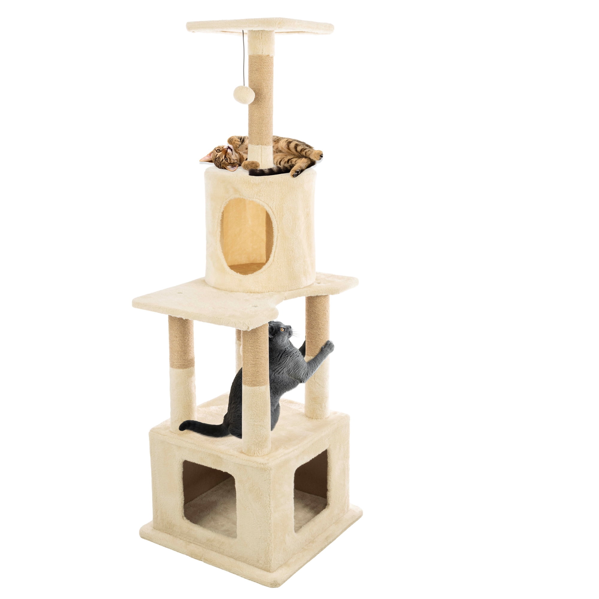 PETMAKER 57in Tall Cat Tree with Kitty Condos, Perches, Scratching Posts, and Hanging Toy (Beige)