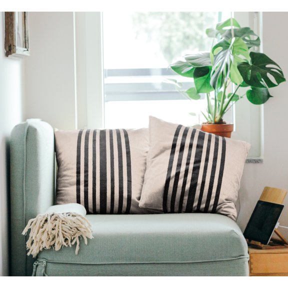 Laddha Home Designs Handwoven Bold Striped Cotton Throw Pillow Cover - 22" - White and Black - Set