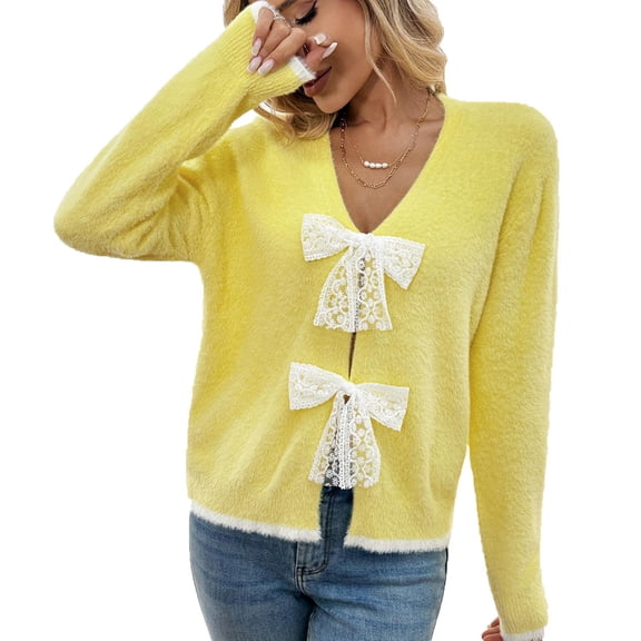 GigrtiJin Women Casual Thermal Sweater Yellow V Neck Bow Button Long Sleeve Blouse Trendy Knitted Tunic