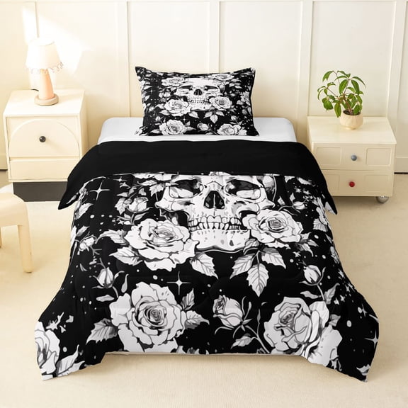 Homewish Halloween Goth Skull Twin Comforter Sets,Victorian Romantic Flowers Bedding Set,Black White,Black Reversible,2 Pieces,1 Comforter and 1 Pillowcase