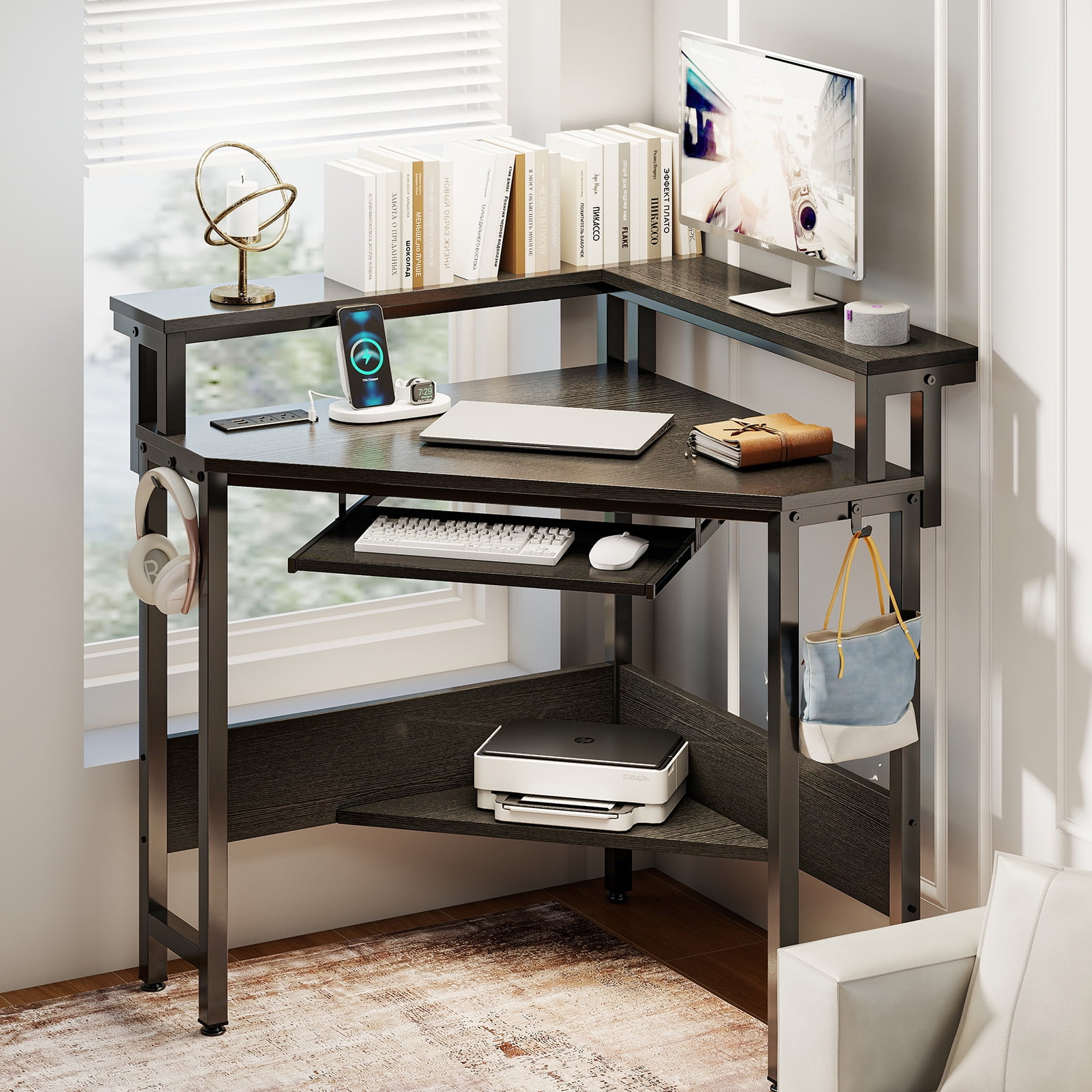 CONCETTA Coner Desk, L-Shaped Computer Desk with Power Outlets, LED Lights, Monitor Stand & Keyboard Tray, Black
