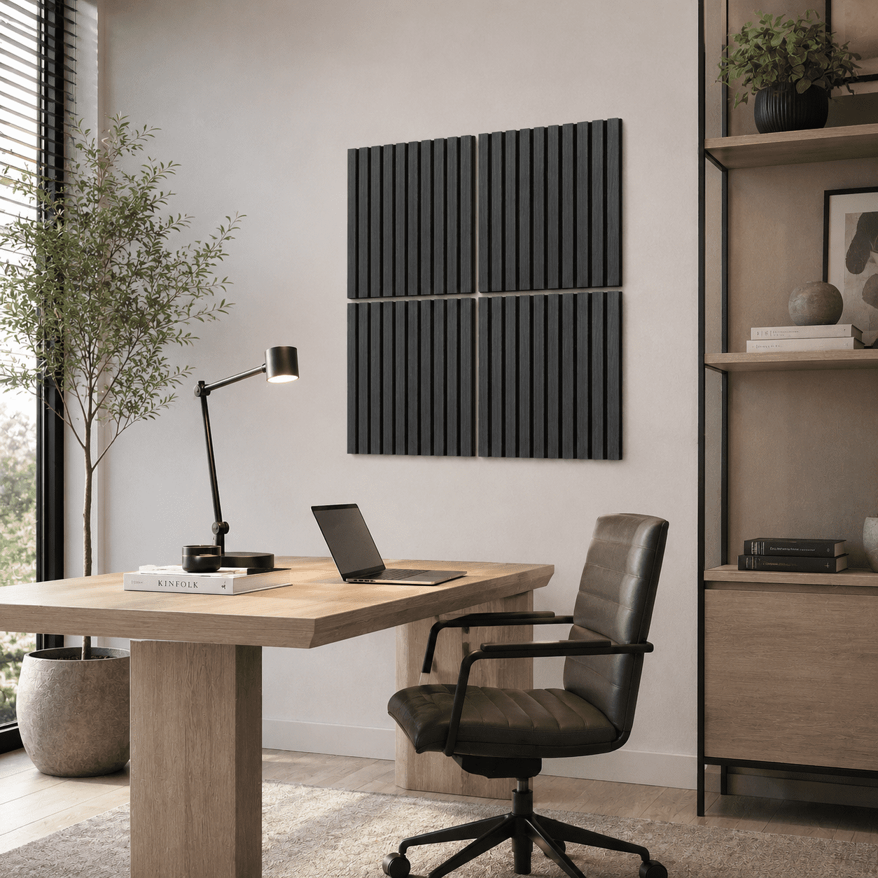 Yeslife 4 pcs Wood Slat Acoustic Wall Panels, 11.81 in x 23.62 in, Grey Oak MDF, 3D Decorative Sound-Absorbing Panels for Interior Walls, 7.7 sq ft