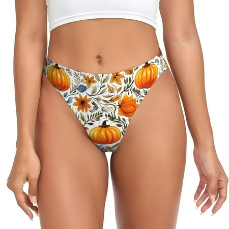 Qokaie Autumn Pumpkin Blossoms Printed Women s Cotton Thong Underwear  Sexy Breathable Panties G-string-Small